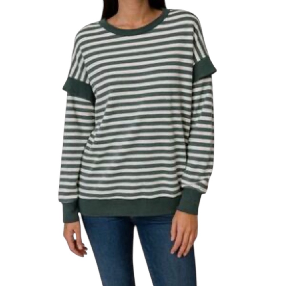 Doe & Rae top green & white striped crewneck 1X NEW thin sweatshirt